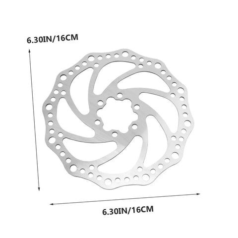 Top Shelf Front And Rear Disc Brake Rotor Kit For Mountain Bikes With Silver Aluminum Build 160mm Diameter Mechanical Setup Dual Knob Adjustment To Legit Crush Every Gnarly Trail, front rotor shown close-up.