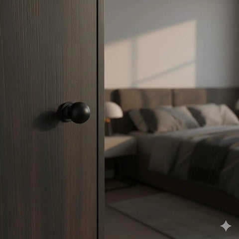 Close-up view of 10 Pack Matte Black Cabinet Knobs For Kitchen Cabinets Round Ball Pulls With Single Hole Design in a bedroom setting.