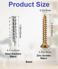 Tree Shaped Steel Hollow Wall Anchors With Screws Kit showing steel anchors and zinc screws, dimensions labeled.