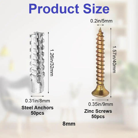 Tree Shaped Steel Hollow Wall Anchors With Screws Kit showing steel anchors and zinc screws, dimensions labeled.