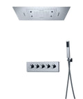 Luxury LED Rain Shower System With Built In Bluetooth Speakers And Thermostatic Faucet Set Five Function Matte Black Body Jet Kit showing chrome panel and handheld shower head.