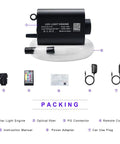 Contents of 16W Fiber Optic Starlights Headliner Kit With 300 Strands 0.03in Fiber And 6.5ft Length Bluetooth App Control Music Activated Light Kit For Car Truck And Home Use Totally Lit, including star light engine, optical fiber, connectors, remote control, manual, power adapter, car plug
