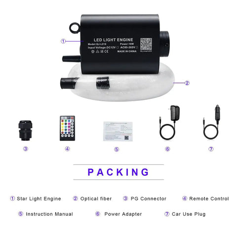 16W Fiber Optic Lights Starlight Headliner Kit packing with LED light engine, 550 fibers, remote, connectors, and manual.