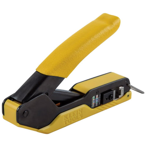 Side view of RJ45 Ethernet Cable Tester And Crimper Kit With Pass Thru Technology for Cat5e and Cat6, yellow handle, tool only.