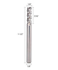Front view of One Eighth Inch Aluminum End Mills Three Flute Flat Top Cnc Spiral Router Bits Upcut For Aluminum And Non Ferrous Metals Beefy For Heavy Duty Milling And Pro Grade Performance One Point Five Inch Total Length Pack Of Five, showing dimensions: 1/8" diameter, 7/16" flute length, and 1.5" total length.