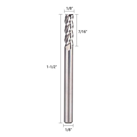 Front view of One Eighth Inch Aluminum End Mills Three Flute Flat Top Cnc Spiral Router Bits Upcut For Aluminum And Non Ferrous Metals Beefy For Heavy Duty Milling And Pro Grade Performance One Point Five Inch Total Length Pack Of Five, showing dimensions: 1/8" diameter, 7/16" flute length, and 1.5" total length.