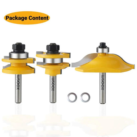 Three Piece Raised Panel Cabinet Door Router Bit Set With Ogee Rail And Stile For Woodworking, Pro Grade Carbide Cutters, One Quarter Inch Shank
