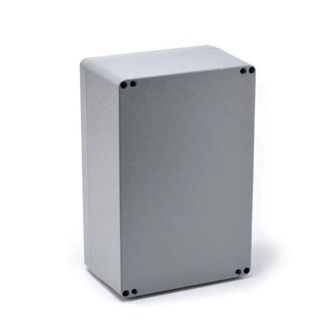 Hella Tough Aluminum Junction Box Featuring IP66 Waterproof Seal And Reliable Heat Dissipation For Demanding Outdoor Cable Runs And Switch Installations In Grey Finish Sized At 9.4 By 6.3 By 4 Inches side view of grey aluminum box.