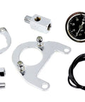 Front view of Twin Cam oil pressure gauge kit with chrome mounting brackets, fittings, and tubing.