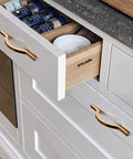 Golden Wave Shaped Cabinet Pulls Set Of 6 With Glossy Cupboard Drawer Knobs Installed on Kitchen Drawers