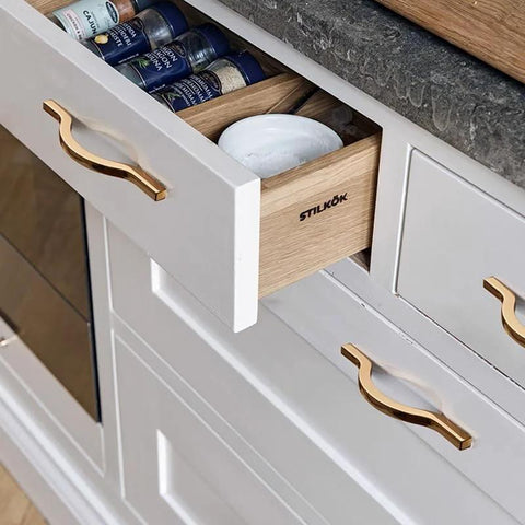 Golden Wave Shaped Cabinet Pulls Set Of 6 With Glossy Cupboard Drawer Knobs Installed on Kitchen Drawers