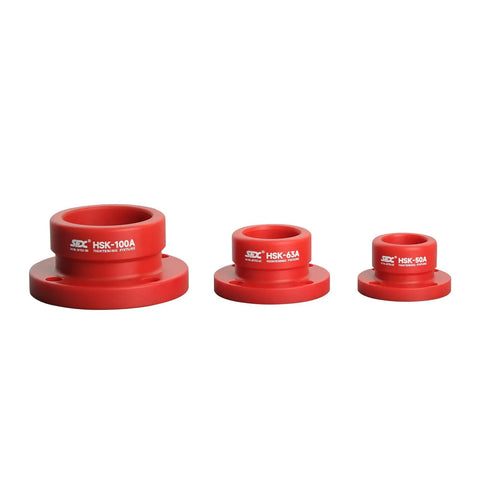 Red HSK-100A, HSK-63A, HSK-50A tool holder tightening fixtures for CNC equipment, showing front view of aluminum alloy construction.