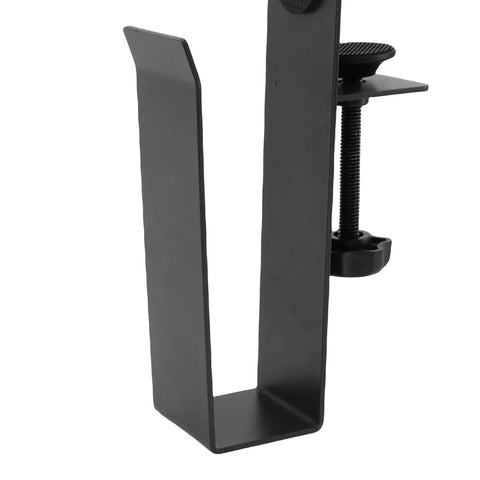 Close view of black adjustable side laptop mount that clamps straight up to your desk for flexible storage.