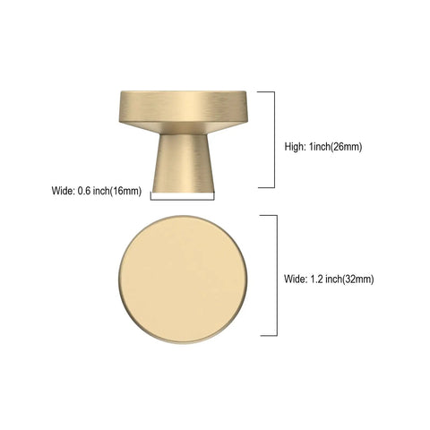 10 Pack Brushed Gold Round Cabinet Knobs For Kitchen Cabinets And Dressers, 1.2 Inch Diameter, Zinc Alloy Hardware, side and top view