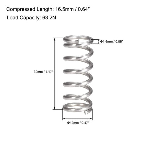 uxcell compression spring, 304 stainless steel, 12mm OD, 1.6mm wire, 16.5mm compressed length, 30mm free length