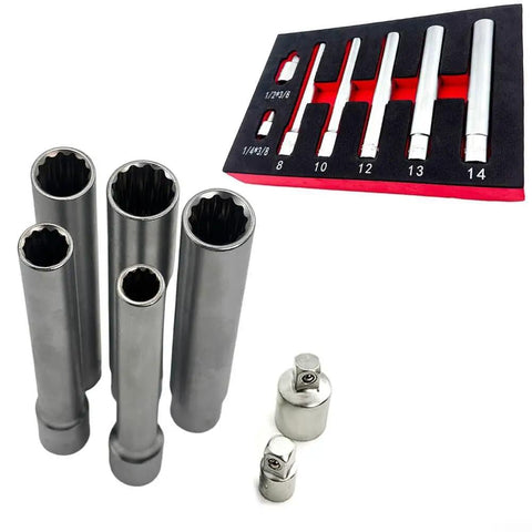 Heavy Duty Chrome Vanadium Socket Head Set With Three Eighth Inch Drive Extra Long 120mm Reach Six Piece Metric Sockets displayed