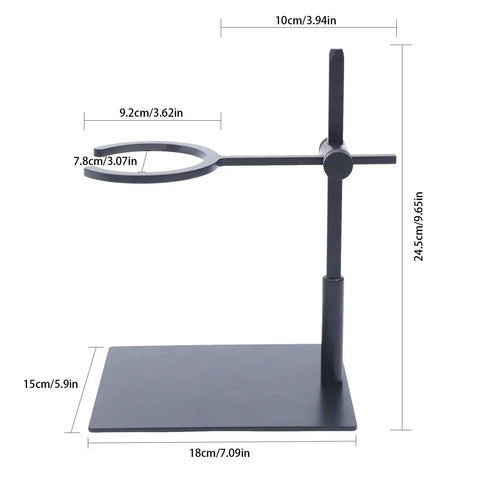 Level Up Your Morning Pour Over Coffee Dripper Stand With Height Adjustable Aluminum Stand Rock Solid Silicone Grip Lightweight Brew Holder in black with measurements.