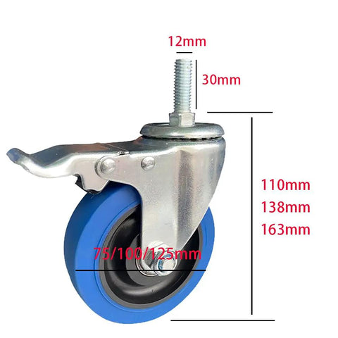 Smooth Rolling Hardworking 3 Inch Swivel Stem Casters With Locking Brake Rubber Wheels Non Marking Quiet Set Of Four M12 Thread detailed view.