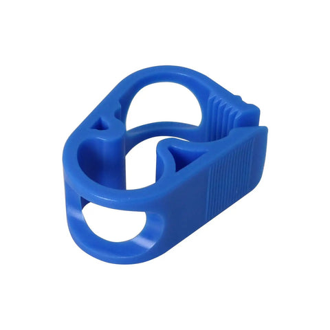 Close-up of a blue plastic hose clamp for 1/4 to 1/2 inch tubes, part of Four Pack Adjustable Hose Clamps For One Quarter To One Half Inch Tubes