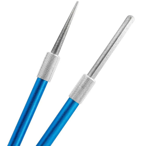 Two Pack Retractable Diamond Serrated Knife Sharpener For Kitchen Outdoor Cooking Camping Fishing And Hunting Grit Proof And Pocket Ready Kit, close-up of blue sharpeners.