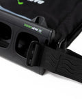 Close-up of a black Stroller Golf Bag Organizer strap, showing sturdy design and part of golf bag attachment detail.