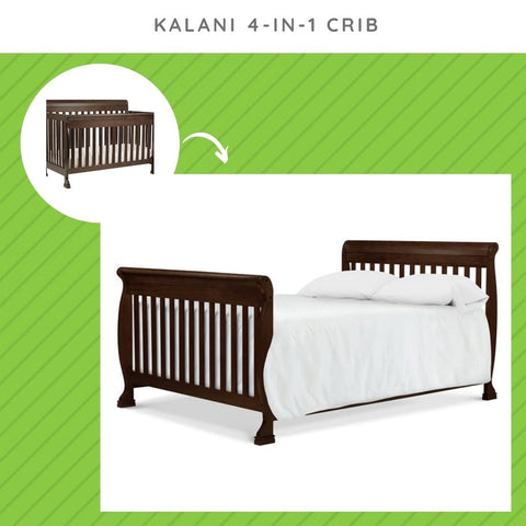 Full Size Bed Rails Conversion Kit For Kalani Convertible Cribs, Solid Wood Espresso Finish, easy-install conversion shown