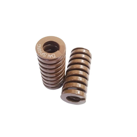 Get Your Hands On These 2PCs Heavy Load Spiral Stamping Compression Springs Measuring 30Mm By 15Mm By 90Mm For Serious Industrial Jobs stacked in a row.