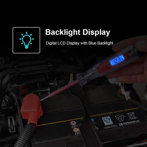 3 To 65V Backlit Digital LCD Circuit Tester Test Light With 140 Inch Extended Wire for Cars and Trucks in use on battery