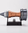 Side view of TR900 Aero Aircraft Engine Model Kit That Actually Runs, 50 Plus Pieces, copper and silver functional jet turbofan.