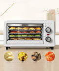 Zero Stress Dehydration Game Changer With Stackable Bins And Smart Temp Settings For Fruits Veggies Beef Jerky Greens And Pup Snacks 11L Size 48 Hr Countdown Timer, compact digital food dryer displaying dehydrated snacks.