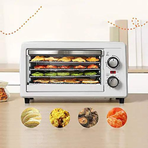 Zero Stress Dehydration Game Changer With Stackable Bins And Smart Temp Settings For Fruits Veggies Beef Jerky Greens And Pup Snacks 11L Size 48 Hr Countdown Timer, compact digital food dryer displaying dehydrated snacks.