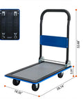 Foldable Platform Cart 330 Lb Load Capacity With 360 Degree Swivel Silent TPR Wheels Heavy Duty Steel Flatbed Dolly Collapsible Hand Truck For Warehouse Office Garage Blue, folded view with dimensions