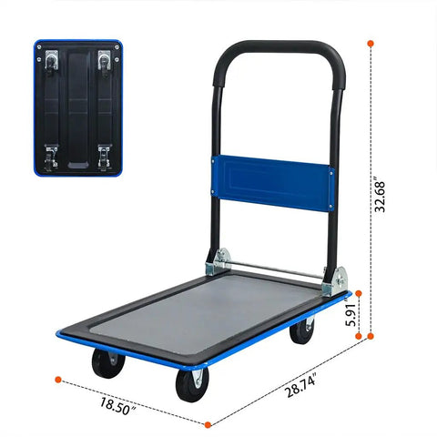 Foldable Platform Cart 330 Lb Load Capacity With 360 Degree Swivel Silent TPR Wheels Heavy Duty Steel Flatbed Dolly Collapsible Hand Truck For Warehouse Office Garage Blue, folded view with dimensions