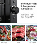 Rock Solid Compact Upright Freezer With Seven Adjustable Chill Settings To Keep Meats And Ice Cream Frosted Hard In Tiny Apartments Garage Lockers And Laid Back Weekend Hangouts with temperature control dial.