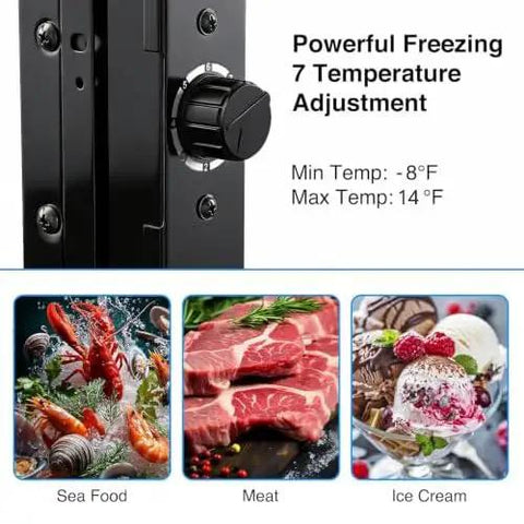 Rock Solid Compact Upright Freezer With Seven Adjustable Chill Settings To Keep Meats And Ice Cream Frosted Hard In Tiny Apartments Garage Lockers And Laid Back Weekend Hangouts with temperature control dial.