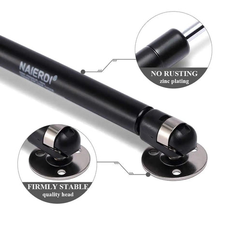Close-up of Two Pack Lift Support Gas Strut With Soft Close Hinges 150N 33Lb Lid Stay, black matte finish, rust resistant.