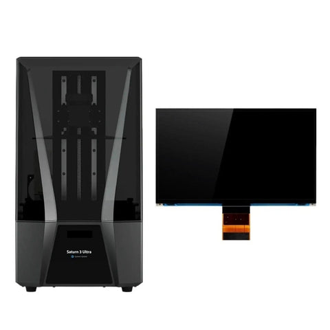 Heavy Duty 10.1 Inch 12K Monochrome LCD Screen Replacement For 3D Resin Printers next to Saturn 3 Ultra printer, showing product size.