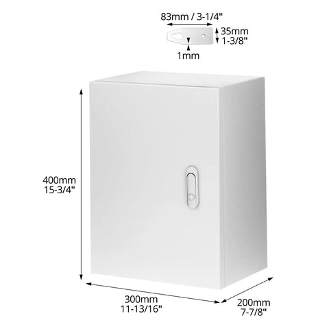 Image of Heavy Duty Carbon Steel Electrical Enclosure 16x12x8 with dimensions and grip tight lock for outdoor use.
