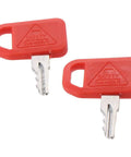 Two red keys from the Ten Piece T209428 Ignition Keys Kit For JD Skid Steer Loader Compact Track Loader Replacement Red Ignition Keys