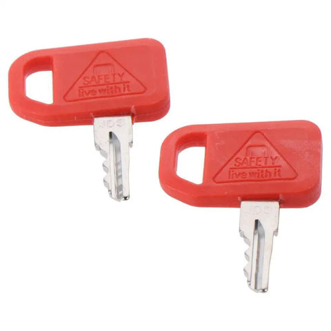 Two red keys from the Ten Piece T209428 Ignition Keys Kit For JD Skid Steer Loader Compact Track Loader Replacement Red Ignition Keys