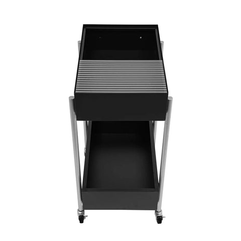 Top view of Ride Smooth Black Two Tier Mobile Bar Cart With Secure Roller Wheels, featuring a slatted top and open storage.