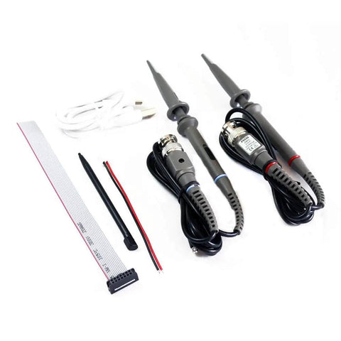 Accessories for Dual Channel Handheld Digital Oscilloscope Kit with probes, USB cable, and connectors on white background