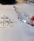 Top Shelf Acrylic Router Template Set Featuring Hella Precise Woodworking Stencils For Holy Week Do It Yourself Crafts Knockout Bunny Cross Egg Church Patterns Reusable Solid Guide Collection showing clear acrylic template with cross stencils.