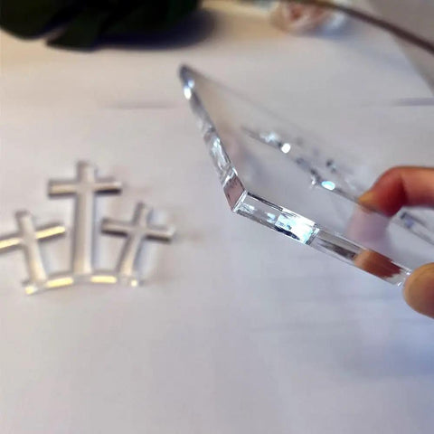 Top Shelf Acrylic Router Template Set Featuring Hella Precise Woodworking Stencils For Holy Week Do It Yourself Crafts Knockout Bunny Cross Egg Church Patterns Reusable Solid Guide Collection showing clear acrylic template with cross stencils.