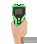 Electronic Wall Finder Detects Wood Metal Studs and Live Wire, handheld device with LCD display in green and black color.