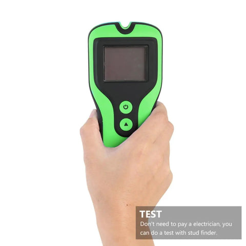 Electronic Wall Finder Detects Wood Metal Studs and Live Wire, handheld device with LCD display in green and black color.