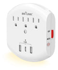 White Six In One Outlet Extender with Three USB Ports, Three Grounded Outlets, Dusk to Dawn Night Light, Surge Protector