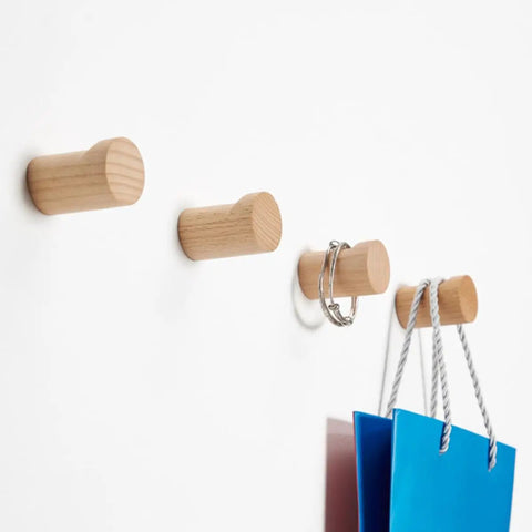 No Fuss Solid Wood Wall Hooks Holds Bags Hats And Coats Game Changer In Home Organization Multi Purpose Coat Rack with blue bag