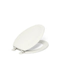 Molded Wood Elongated Toilet Seat in Almond with Color Matched Plastic Hinges Stonewood Style, angled view