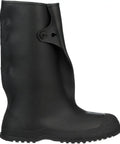 PVC Overshoe Waterproof Work Gear 14 Inch Tall with Button Closure, side view, black rubber, slip resistant sole, chemical resistant